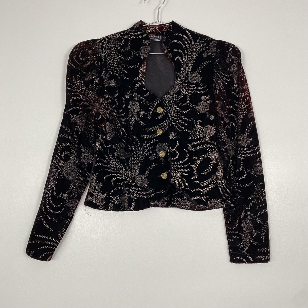 Vintage Cachet Jacket Womens Large Maroon Velvet Floral Gold Button Party 80s